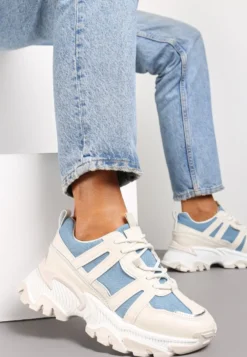 Beżowo-Niebieskie Sznurowane Sneakersy na Grubej Podeszwie ze Wstawkami i Brokatem Widgeta