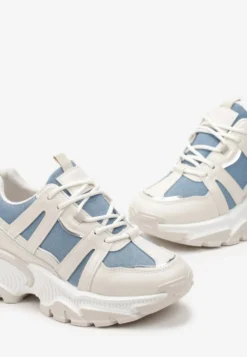 Beżowo-Niebieskie Sznurowane Sneakersy na Grubej Podeszwie ze Wstawkami i Brokatem Widgeta