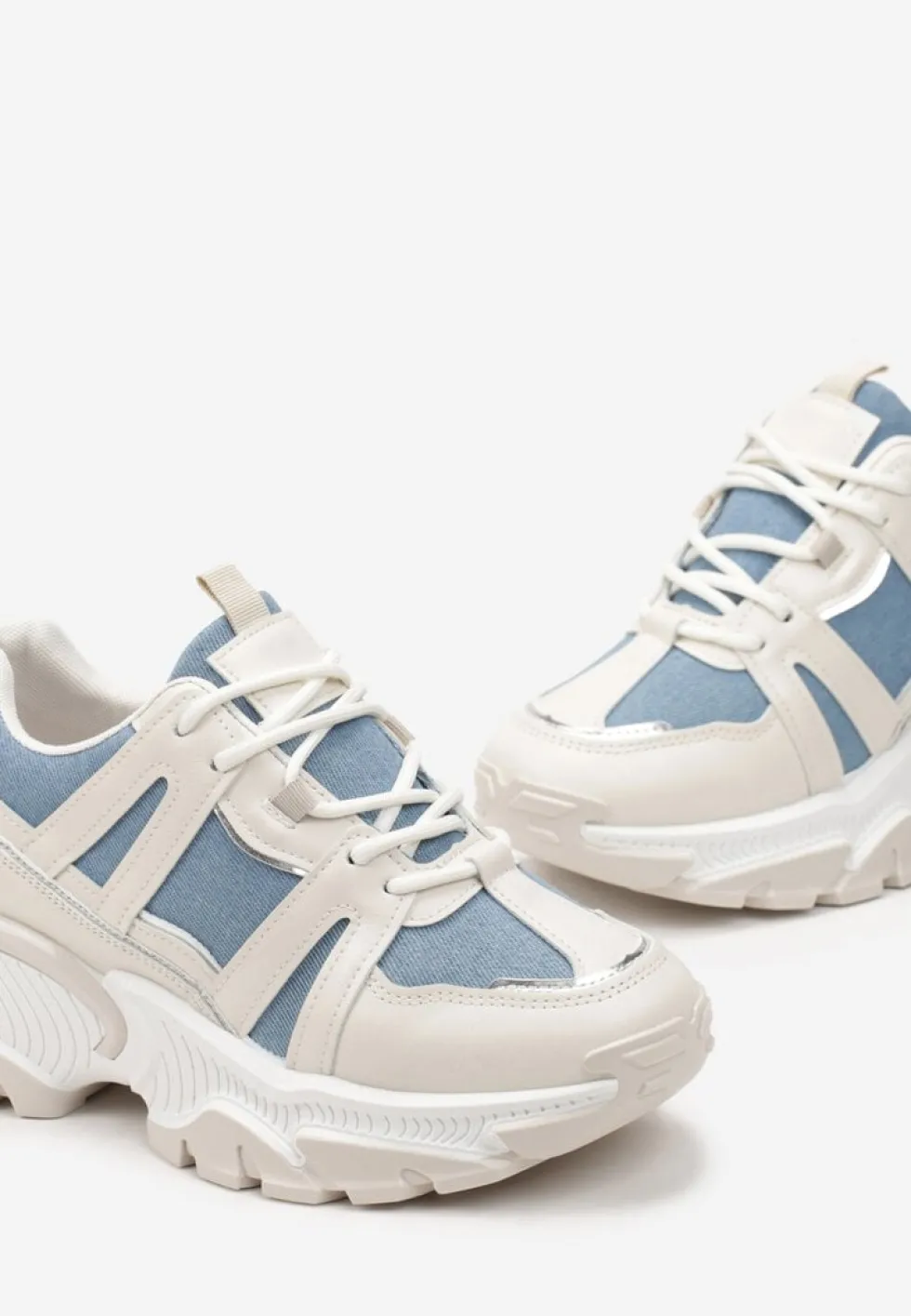Beżowo-Niebieskie Sznurowane Sneakersy na Grubej Podeszwie ze Wstawkami i Brokatem Widgeta