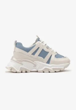 Beżowo-Niebieskie Sznurowane Sneakersy na Grubej Podeszwie ze Wstawkami i Brokatem Widgeta