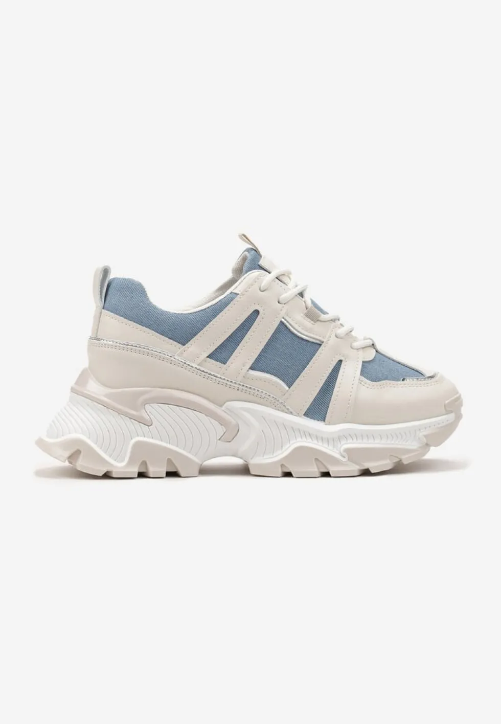 Beżowo-Niebieskie Sznurowane Sneakersy na Grubej Podeszwie ze Wstawkami i Brokatem Widgeta