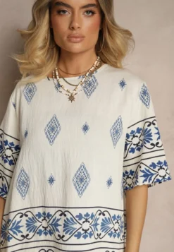 Beżowo-Niebieski Komplet z Wiskozy w Etniczny Wzór Szerokie Spodnie i T-shirt Sarivianne