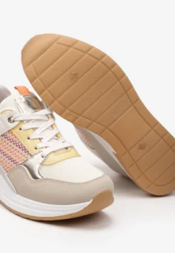 Beżowo-Pomarańczowe Sneakersy z Niskim Koturnem i Ozdobnymi Wstawkami Ysabeltia