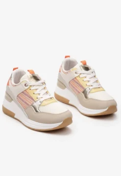 Beżowo-Pomarańczowe Sneakersy z Niskim Koturnem i Ozdobnymi Wstawkami Ysabeltia