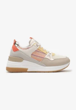 Beżowo-Pomarańczowe Sneakersy z Niskim Koturnem i Ozdobnymi Wstawkami Ysabeltia