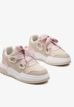 Beżowo-Różowe Sneakersy na Grubej Podeszwie z Ozdobnymi Sznurówkami Zeldema
