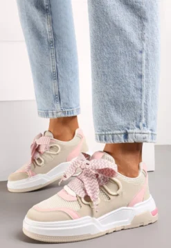 Beżowo-Różowe Sneakersy na Grubej Podeszwie z Ozdobnymi Sznurówkami Zeldema