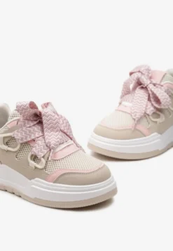 Beżowo-Różowe Sneakersy na Grubej Podeszwie z Ozdobnymi Sznurówkami Zeldema