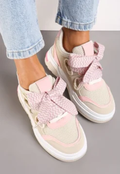 Beżowo-Różowe Sneakersy na Grubej Podeszwie z Ozdobnymi Sznurówkami Zeldema