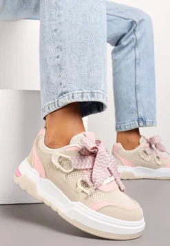 Beżowo-Różowe Sneakersy na Grubej Podeszwie z Ozdobnymi Sznurówkami Zeldema