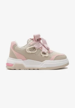 Beżowo-Różowe Sneakersy na Grubej Podeszwie z Ozdobnymi Sznurówkami Zeldema