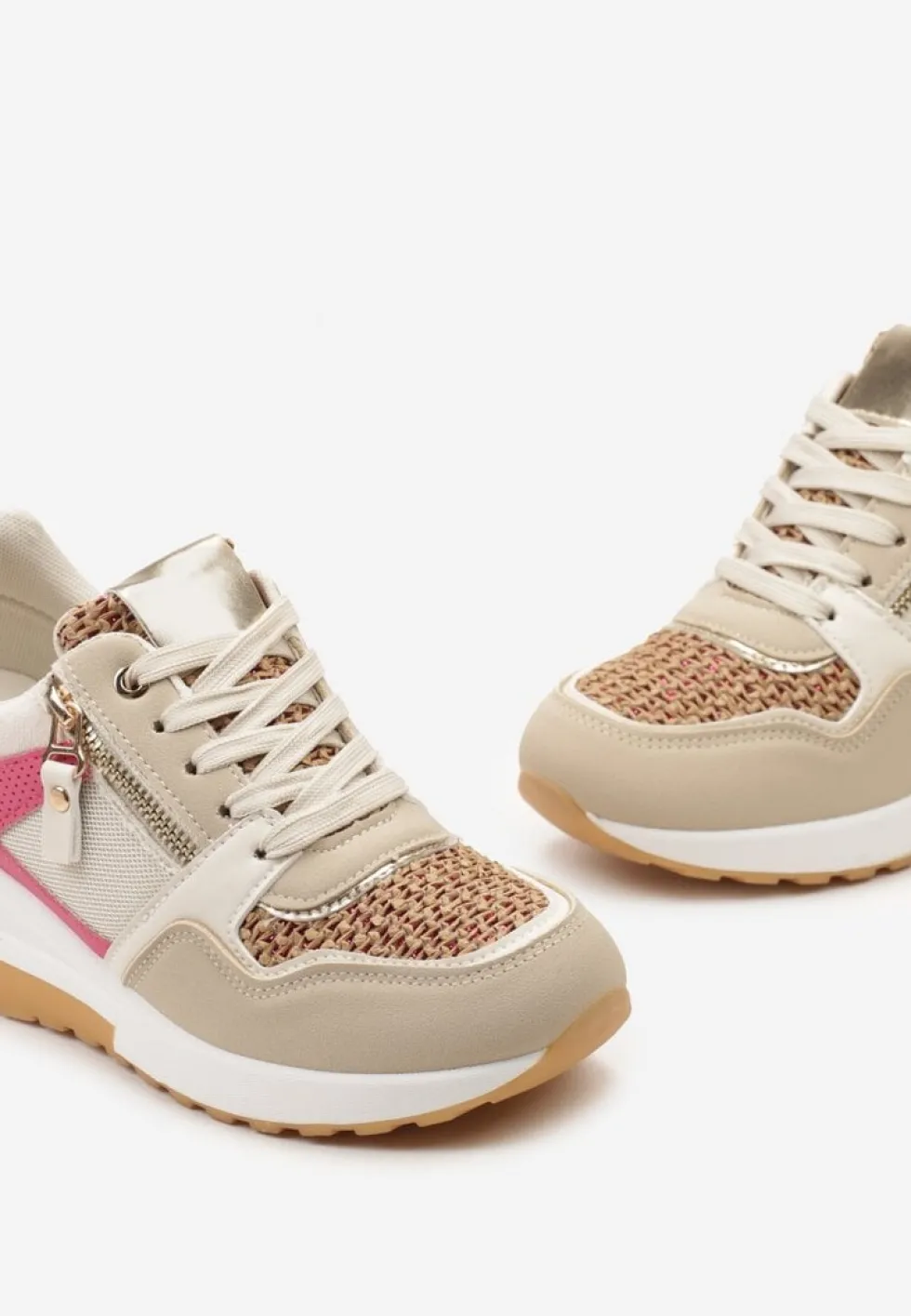 Beżowo-Różowe Sneakersy na Niewysokim Koturnie Ozdobione Suwakiem i Wstawkami Liorrama