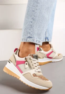 Beżowo-Różowe Sneakersy na Niewysokim Koturnie Ozdobione Suwakiem i Wstawkami Liorrama