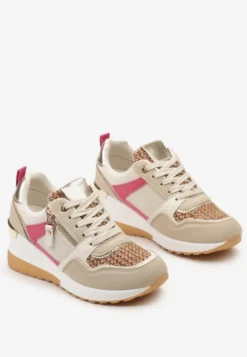 Beżowo-Różowe Sneakersy na Niewysokim Koturnie Ozdobione Suwakiem i Wstawkami Liorrama