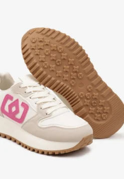 Beżowo-Różowe Sneakersy na Niskiej Platformie Zdobione Aplikacją Alimrela