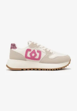 Beżowo-Różowe Sneakersy na Niskiej Platformie Zdobione Aplikacją Alimrela