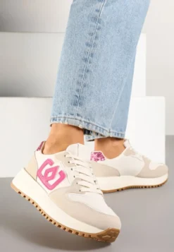 Beżowo-Różowe Sneakersy na Niskiej Platformie Zdobione Aplikacją Alimrela