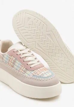 Beżowo-Różowe Sneakersy na Platformie Ozdobione Plecionką Nilaraviela
