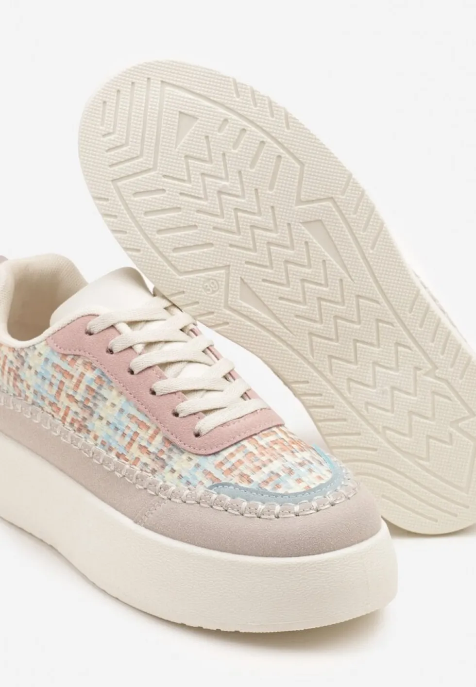 Beżowo-Różowe Sneakersy na Platformie Ozdobione Plecionką Nilaraviela