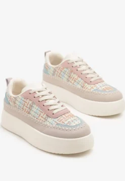 Beżowo-Różowe Sneakersy na Platformie Ozdobione Plecionką Nilaraviela