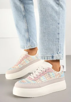 Beżowo-Różowe Sneakersy na Platformie Ozdobione Plecionką Nilaraviela