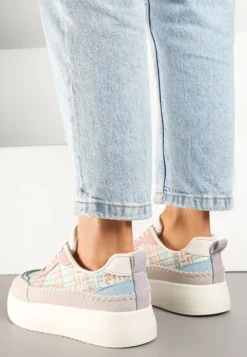 Beżowo-Różowe Sneakersy na Platformie Ozdobione Plecionką Nilaraviela