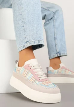 Beżowo-Różowe Sneakersy na Platformie Ozdobione Plecionką Nilaraviela