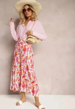 Beżowo-Różowe Spodnie Kuloty z Wiskozy High Waist z Gumką w Pasie Alaqinta