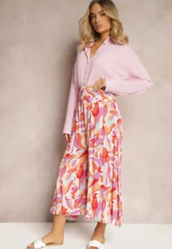 Beżowo-Różowe Spodnie Kuloty z Wiskozy High Waist z Gumką w Pasie Alaqinta