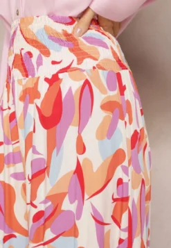 Beżowo-Różowe Spodnie Kuloty z Wiskozy High Waist z Gumką w Pasie Alaqinta