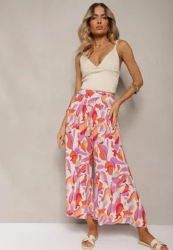 Beżowo-Różowe Spodnie Kuloty z Wiskozy High Waist z Gumką w Pasie Alaqinta