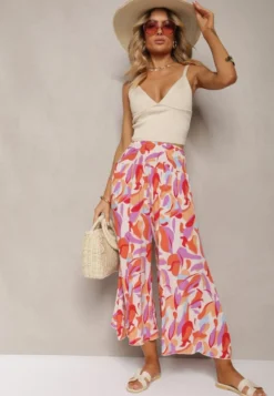 Beżowo-Różowe Spodnie Kuloty z Wiskozy High Waist z Gumką w Pasie Alaqinta