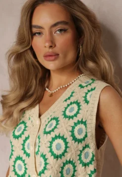 Beżowo-Zielona Bawełniana Bluzka Top w Dzianinowym Stylu Momoi