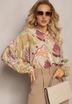 Beżowo-Zielona Koszula z Wiskozą Zapinana Guzikami w Modny Wzór z Ornamentami Mingula