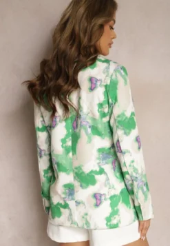 Beżowo-Zielona Marynarka o Dwurzędowym Fasonie z Kolorowym Printem Tie-Dye Grentellia