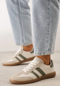 Beżowo-Zielone Casualowe Sneakersy na Płaskiej Podeszwie z Paskami Jereria