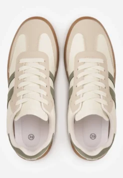 Beżowo-Zielone Casualowe Sneakersy na Płaskiej Podeszwie z Paskami Jereria