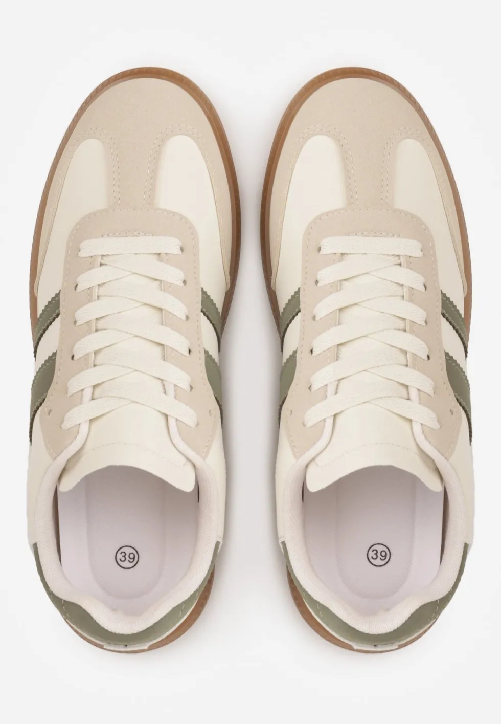 Beżowo-Zielone Casualowe Sneakersy na Płaskiej Podeszwie z Paskami Jereria