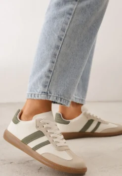 Beżowo-Zielone Casualowe Sneakersy na Płaskiej Podeszwie z Paskami Jereria