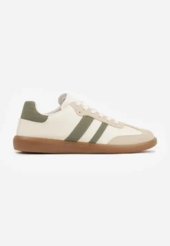 Beżowo-Zielone Casualowe Sneakersy na Płaskiej Podeszwie z Paskami Jereria