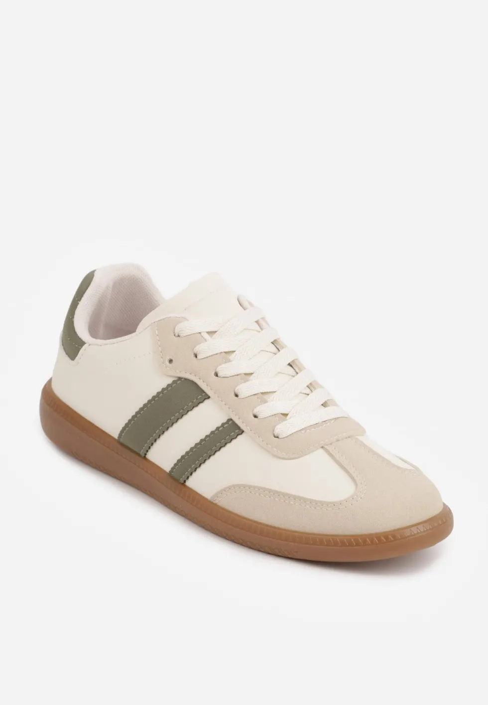 Beżowo-Zielone Casualowe Sneakersy na Płaskiej Podeszwie z Paskami Jereria
