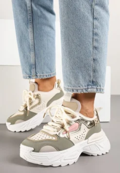 Beżowo-Zielone Sneakersy Streetwearowe na Grubej Podeszwie Waniffia