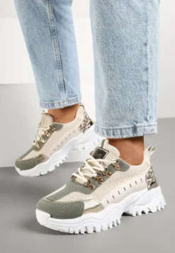 Beżowo-Zielone Sneakersy w Steetwearowym Stylu na Tłoczonej Platformie Ozdobione Wzorem w Panterkę Gonavielle