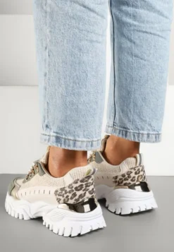 Beżowo-Zielone Sneakersy w Steetwearowym Stylu na Tłoczonej Platformie Ozdobione Wzorem w Panterkę Gonavielle