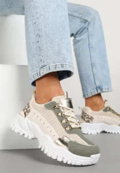 Beżowo-Zielone Sneakersy w Steetwearowym Stylu na Tłoczonej Platformie Ozdobione Wzorem w Panterkę Gonavielle