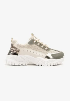 Beżowo-Zielone Sneakersy w Steetwearowym Stylu na Tłoczonej Platformie Ozdobione Wzorem w Panterkę Gonavielle