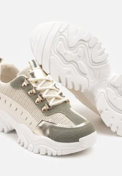 Beżowo-Zielone Sneakersy w Steetwearowym Stylu na Tłoczonej Platformie Ozdobione Wzorem w Panterkę Gonavielle