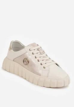 Beżowo-Złote Sneakersy Skórzane z Chunky Podeszwą i Metalicznymi Wstawkami Volla