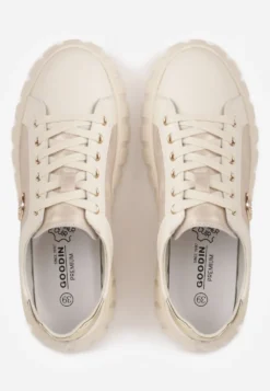 Beżowo-Złote Sneakersy Skórzane z Chunky Podeszwą i Metalicznymi Wstawkami Volla