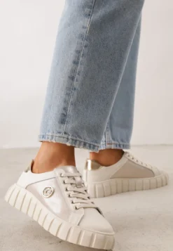 Beżowo-Złote Sneakersy Skórzane z Chunky Podeszwą i Metalicznymi Wstawkami Volla